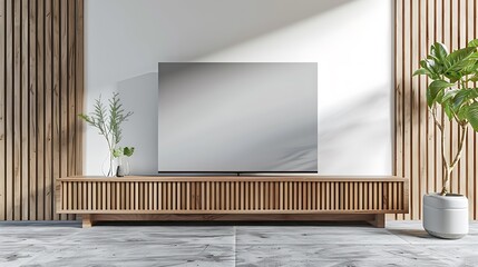 Mock up Template Tv wood cabinet in modern empty room interior background