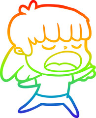 rainbow gradient line drawing of a cartoon woman talking loudly