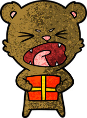 angry cartoon bear with present