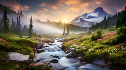 Panoramic view of the mountain river at sunset. Beautiful summer landscape in the mountains.