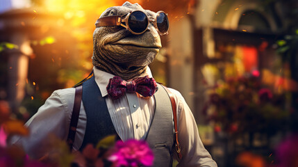 debonair turtle in a tailored waistcoat, complete with a silk cravat and spectacles. Amidst a backdrop of lush garden blooms, it exudes timeless elegance and refined taste. The vibe: leisurely and cul