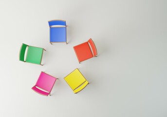 3D Diversity Equity Inclusion Belonging concept. On White blank background. Chairs of different colors arranged in a circle. Metaphor of equality and teamwork in workspace, school, society. 3D render.