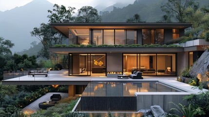 Modern exterior of a luxury villa in a minimal style. Glass house in the mountains. Magnificent mountain views from the veranda of a modern villa. Luxury glamping - obrazy, fototapety, plakaty