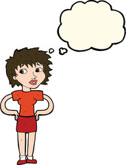 cartoon woman with hands on hips with thought bubble