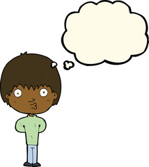 cartoon whistling boy with thought bubble