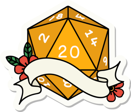 sticker of a natural twenty D20 dice roll