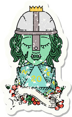 grunge sticker of a half orc fighter with natural 20 dice roll