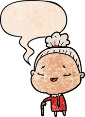 cartoon old woman with walking stick with speech bubble in retro texture style