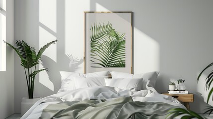 Mockup poster on white wall with a cozy bed white background