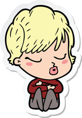 sticker of a cartoon woman with eyes shut