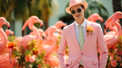 Picture a suave flamingo in a tailored linen suit, accessorized with a straw boater hat and a tropical flower boutonniere. Amidst a backdrop of palm trees, it exudes leisurely elegance and tropical ch - obrazy, fototapety, plakaty