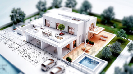 Architectural model of modern house design - A miniature 3D architectural model of a sleek, modern house with detailed landscaping and outdoor pool - obrazy, fototapety, plakaty