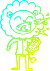 cold gradient line drawing of a cartoon roaring lion doctor