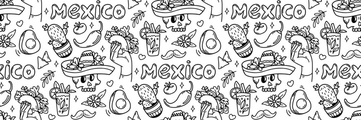 Mexico doodle seamless pattern. Cinco de mayo celebration background. Mexican food taco, avocado chili, tequila, sombrero scull and other culture elements. For wallpaper or fabric. Vector illustration