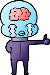 cartoon big brain alien crying but giving thumbs up symbol