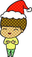 happy hand drawn comic book style illustration of a boy wearing santa hat