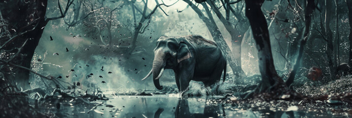 Elephant trudging through a mystical forest - A solitary elephant is captured wading through a serene, enchanting forest, surrounded by a swarm of fluttering birds - obrazy, fototapety, plakaty