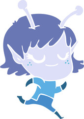 smiling alien girl flat color style cartoon running