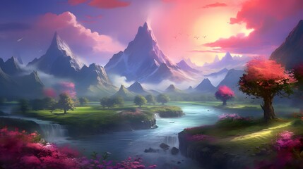 Fantasy landscape with mountains and lake. Panoramic view.