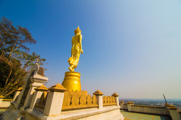 Golden buddha statue stand on mountain temple look to city - 775880553