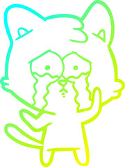 cold gradient line drawing of a cartoon crying cat