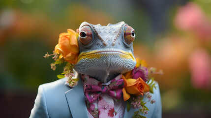 suave chameleon in a designer suit, accessorized with a silk tie and cufflinks. Amidst a backdrop of lush rainforest foliage, it exudes natural charm and sophistication. Mood: sleek and adaptable. - obrazy, fototapety, plakaty