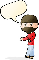 cartoon happy bearded man with speech bubble