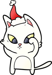 confused hand drawn gradient cartoon of a cat wearing santa hat