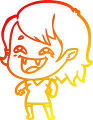 warm gradient line drawing of a cartoon laughing vampire girl