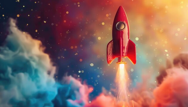 A red rocket is flying through a colorful sky with clouds by AI generated image