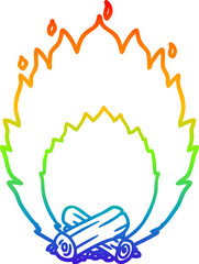 rainbow gradient line drawing of a cartoon blazing camp fire