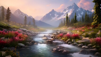 Panorama of a mountain river with flowers in the foreground and snowy peaks in the background