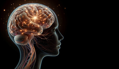 Human brain neurons Nervous system activity Machine learning Illustration on a dark background, generative ai