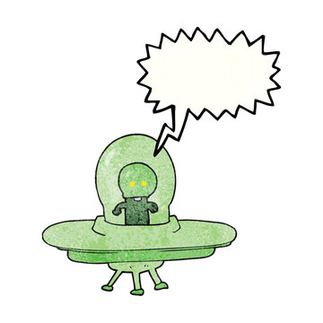 freehand speech bubble textured cartoon alien in flying saucer