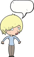 cartoon woman shrugging with speech bubble
