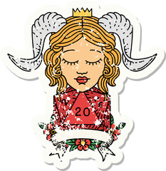 Retro Tattoo Style tiefling with natural twenty dice roll