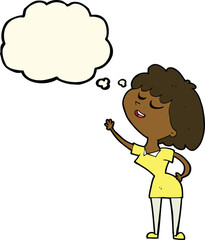 cartoon happy woman about to speak with thought bubble