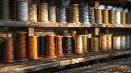 Vintage sewing thread spools on a shelf
