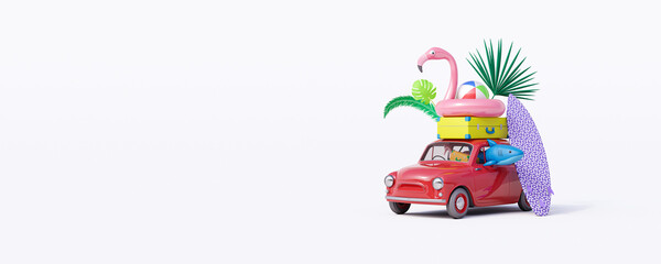 Car with luggage and beach accessories ready for summer vacation isolated on white background 3D Render 3D illustration