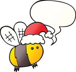 cute cartoon bee wearing christmas hat with speech bubble in smooth gradient style
