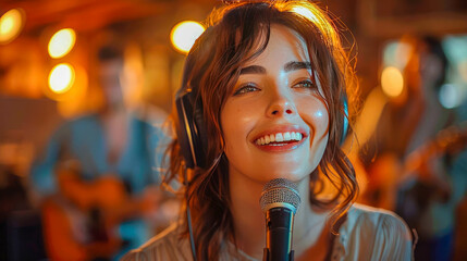 Portrait of beautiful woman singing with microphone in cafe - Powered by Adobe