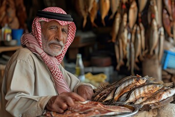 Traditional Arabian fish seller market. Eastern fisherman trading seafood on bazaar. Generate ai - obrazy, fototapety, plakaty