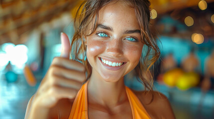 Portrait of smiling sporty woman showing thumbs up in fitness center