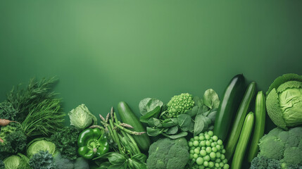 An image showcasing a collection of green vegetables artistically arranged on a green background - obrazy, fototapety, plakaty
