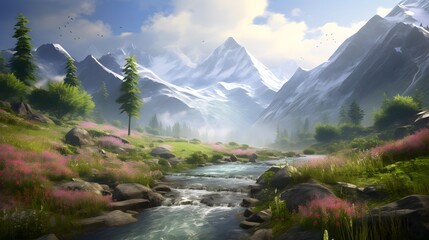Panoramic view of a mountain river with pink flowers and green grass