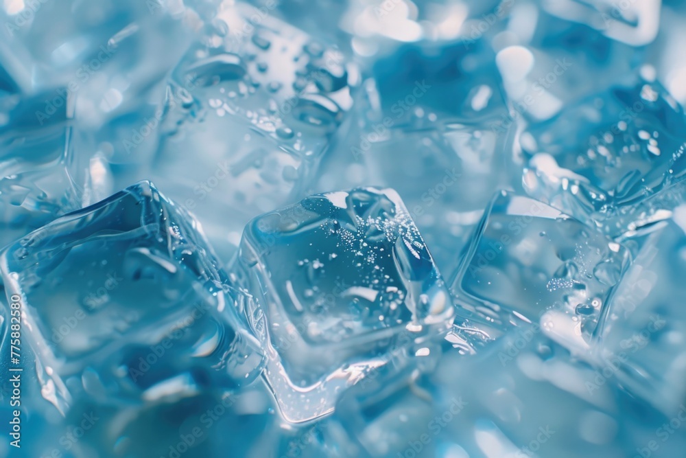 Poster A pile of ice cubes stacked on top of each other. Suitable for various beverage and cooling concepts.