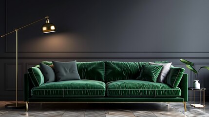 Modern interior of living room green sofa with wall lamp on parguet flooring and dark gray wall