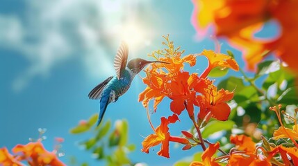 Fototapeta premium A hummingbird in flight with vibrant orange flowers in the foreground. Perfect for nature and wildlife concepts