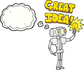 freehand drawn thought bubble cartoon robot with great idea