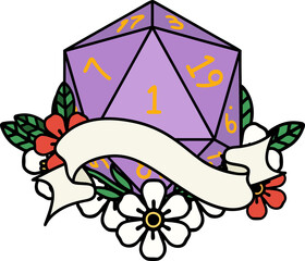 Retro Tattoo Style natural one d20 dice roll